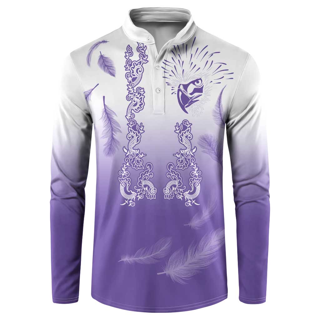Purple barong Tagalog style button sweatshirt with eagle and feather graphic