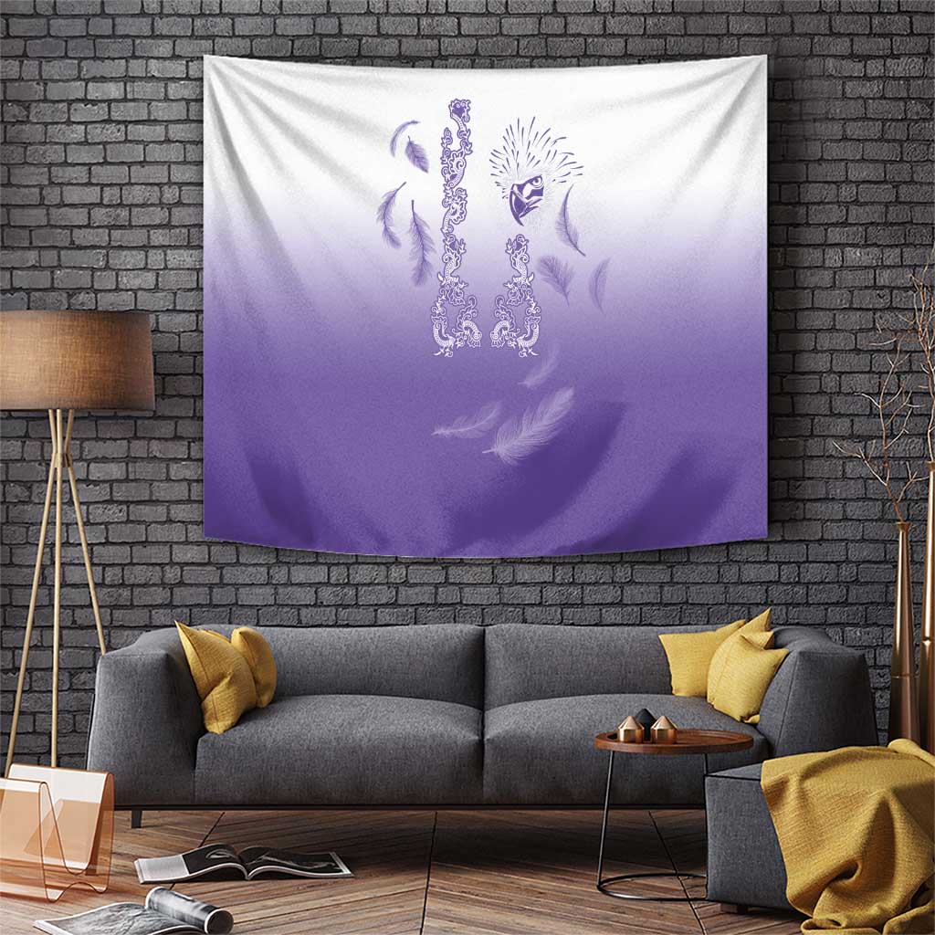 Purple wall tapestry with ornate eagle and feather design, white upper section