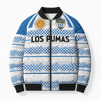 Blue and white checkered puffer bomber jacket with black ribbed collar, cuffs, and front zipper.