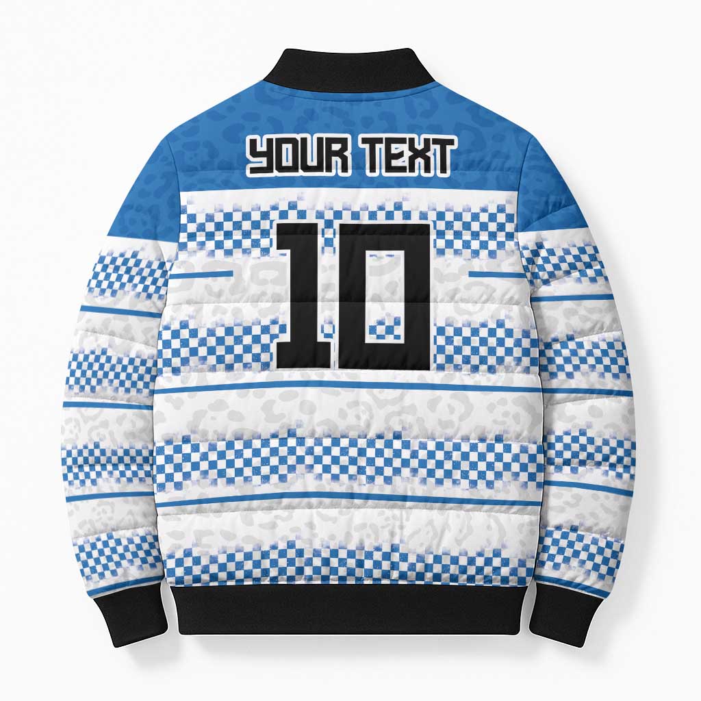 Back view bomber puffer with blue collar, checker stripes, and 'YOUR TEXT' print.