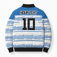 Back view bomber puffer with blue collar, checker stripes, and 'YOUR TEXT' print.