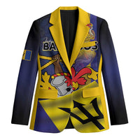 Unisex navy blazer coat with bright yellow lapels and colorful freedom emblem graphic