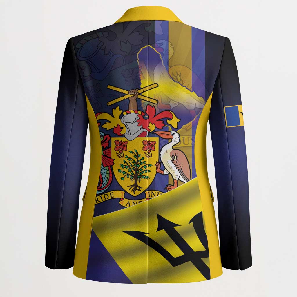 Unisex navy blazer coat with yellow back panel and colorful coat-of-arms emblem