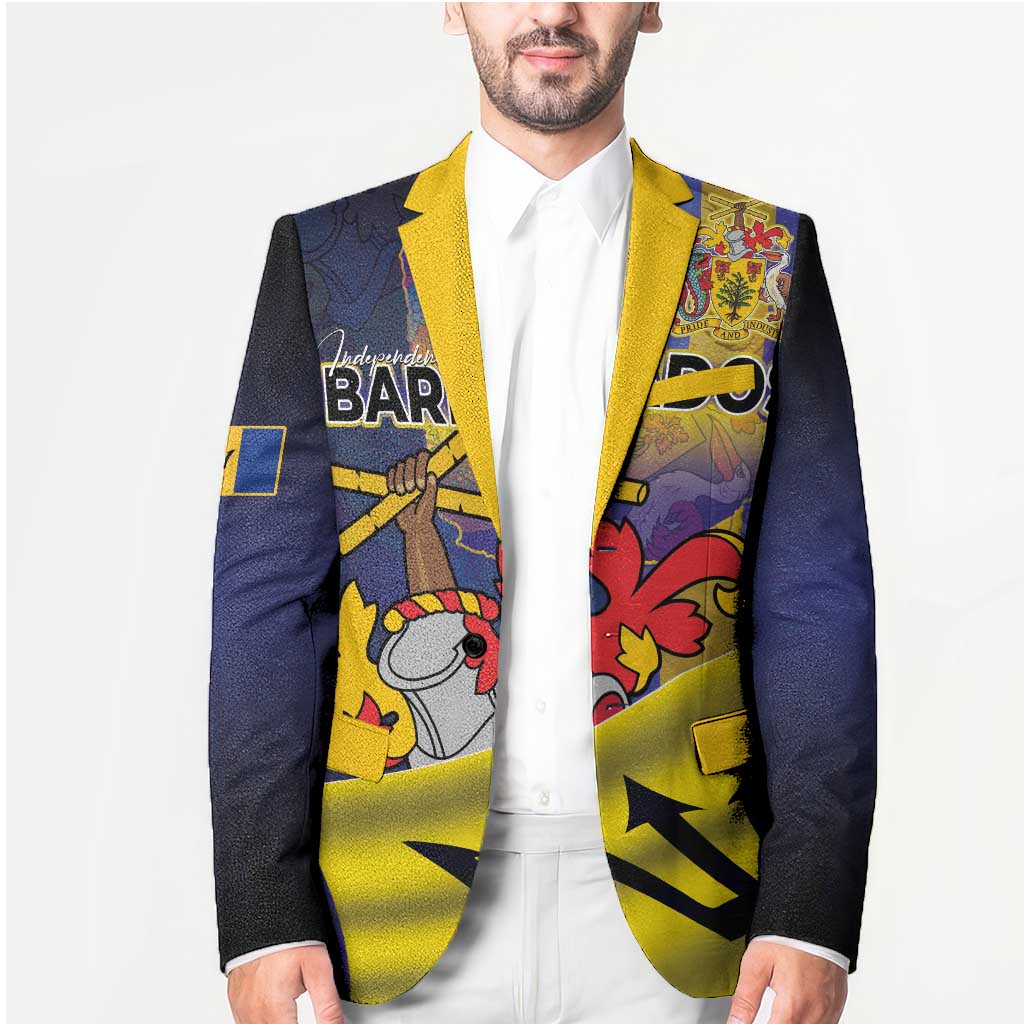 Unisex blazer coat with yellow lapel, navy sleeves, and large front emblem print