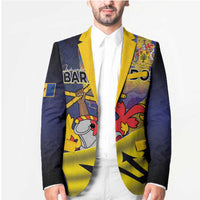 Unisex blazer coat with yellow lapel, navy sleeves, and large front emblem print