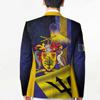 Unisex blazer coat with colorful back graphic, yellow border, and navy solid shoulders