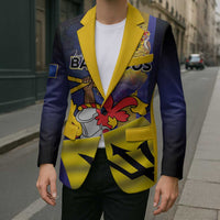 Unisex blazer coat with navy-and-yellow graphic panel and red flower emblem