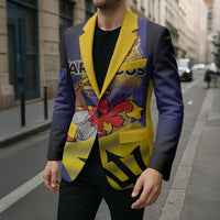 Unisex navy blazer coat with yellow lapel and front crest, red button at center
