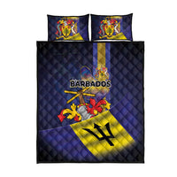 Navy quilt bed set with Barbados crest and crossed canes, yellow diagonal band, two pillows