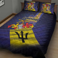 Navy quilt bed set featuring Barbados text, coat of arms, rooster and crossed canes, two pillows