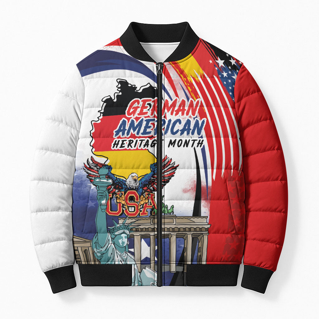 German American Heritage Month Bomber Puffer Jacket USA Bald Eagle with Brandenburg Gate