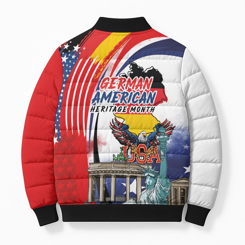 German American Heritage Month Bomber Puffer Jacket USA Bald Eagle with Brandenburg Gate
