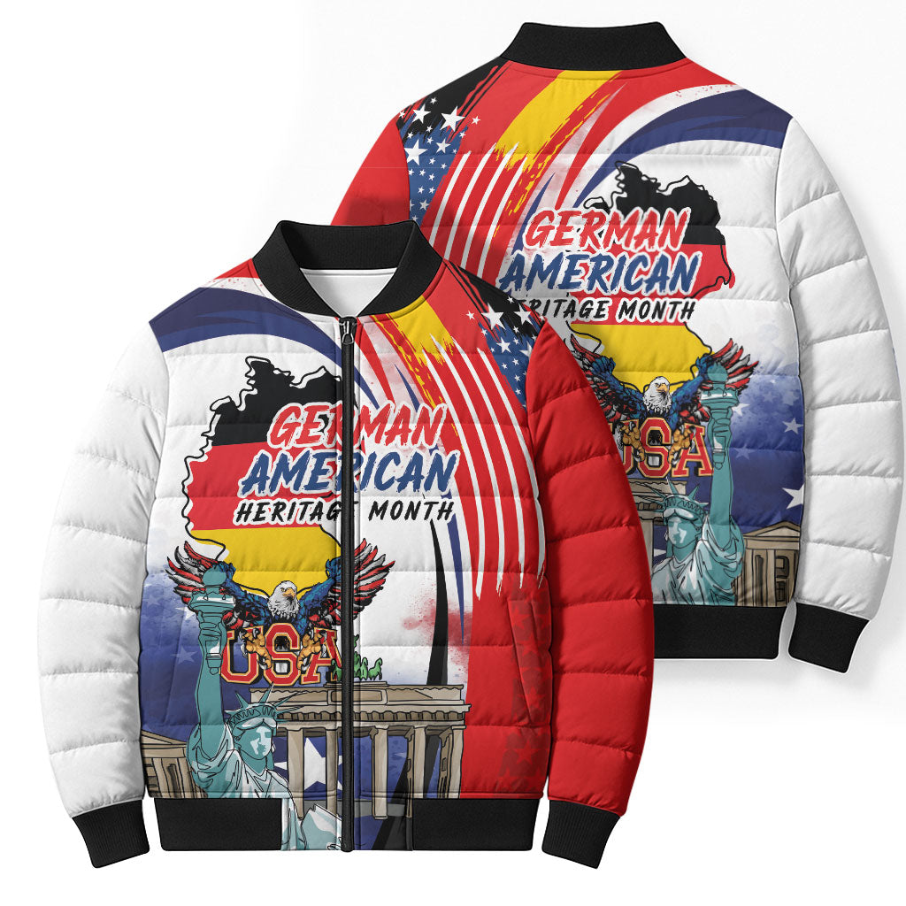 German American Heritage Month Bomber Puffer Jacket USA Bald Eagle with Brandenburg Gate