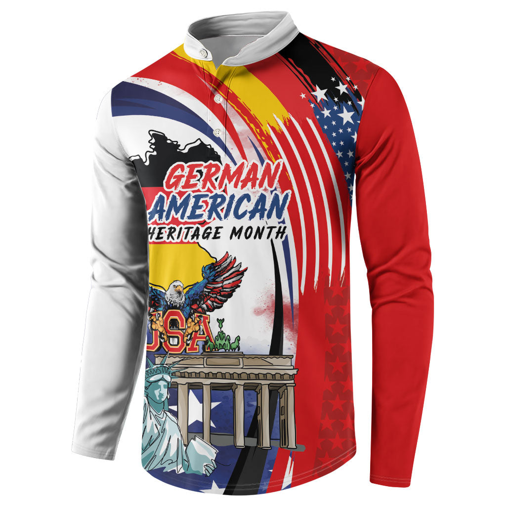 German American Heritage Month Button Sweatshirt USA Bald Eagle with Brandenburg Gate