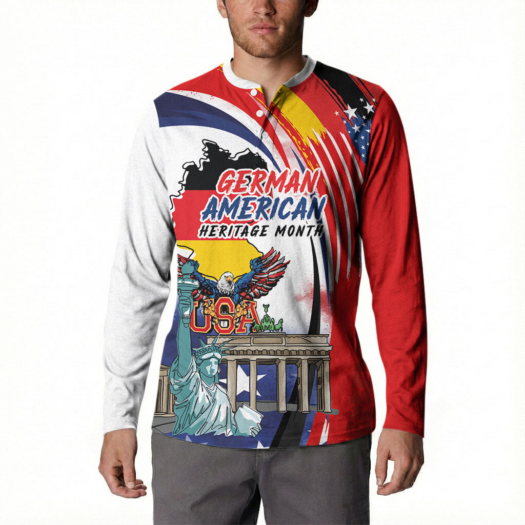 German American Heritage Month Button Sweatshirt USA Bald Eagle with Brandenburg Gate
