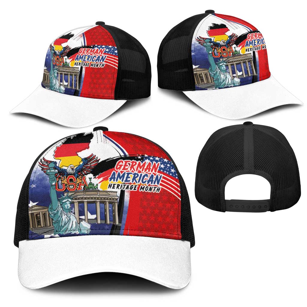 German American Heritage Month Mesh Trucker Cap USA Bald Eagle with Brandenburg Gate