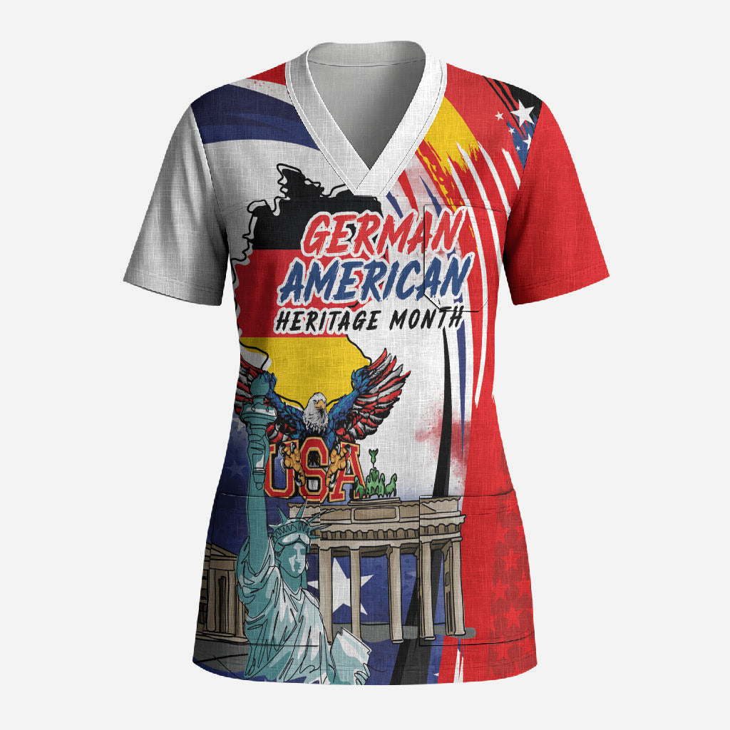 German American Heritage Month Scrub Top USA Bald Eagle with Brandenburg Gate
