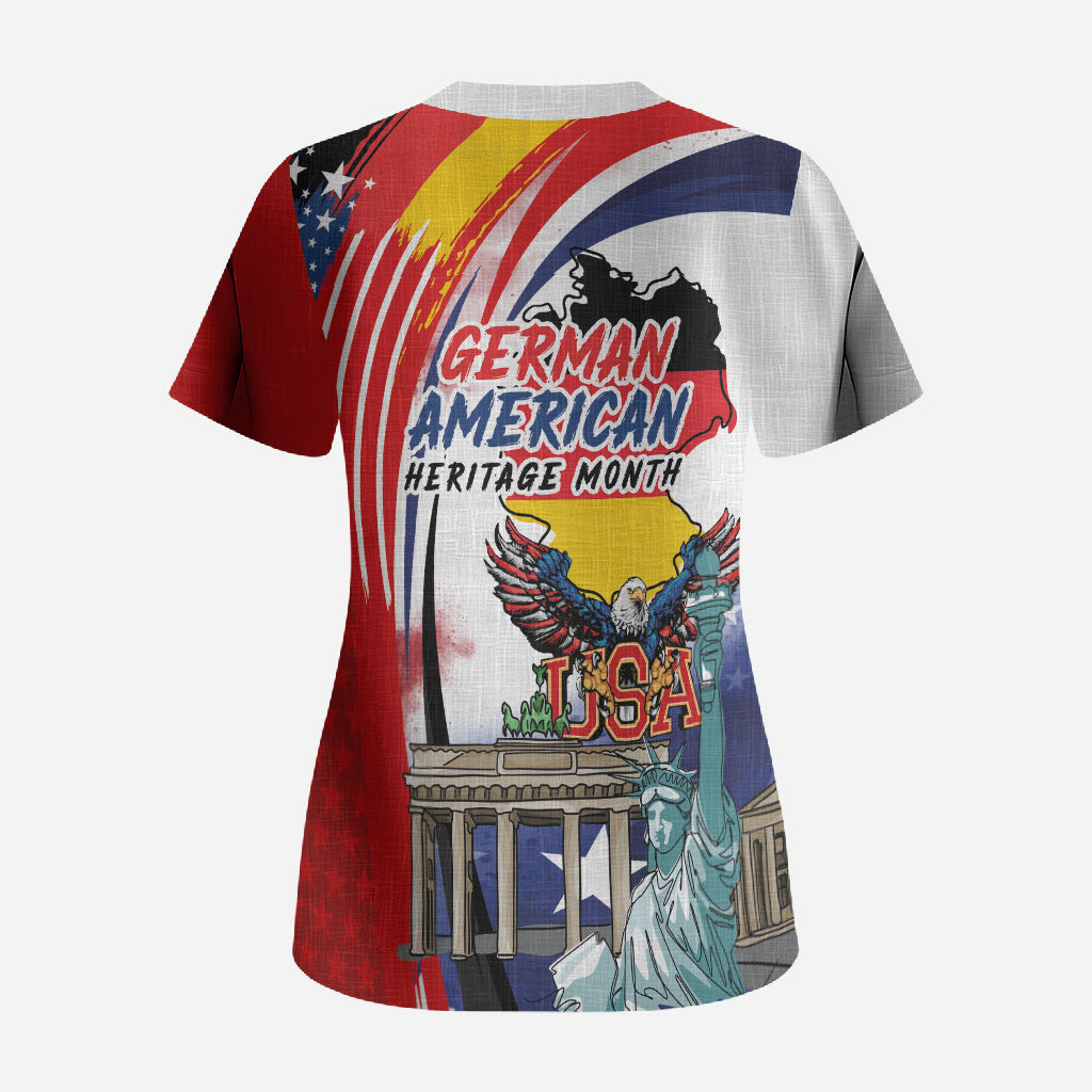 German American Heritage Month Scrub Top USA Bald Eagle with Brandenburg Gate