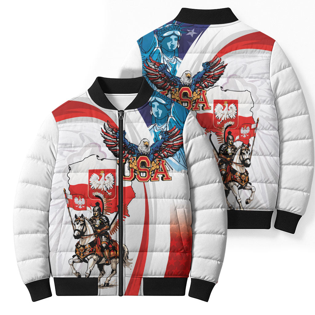 Polish American Heritage Month Bomber Puffer Jacket Winged Hussar with USA Bald Eagle