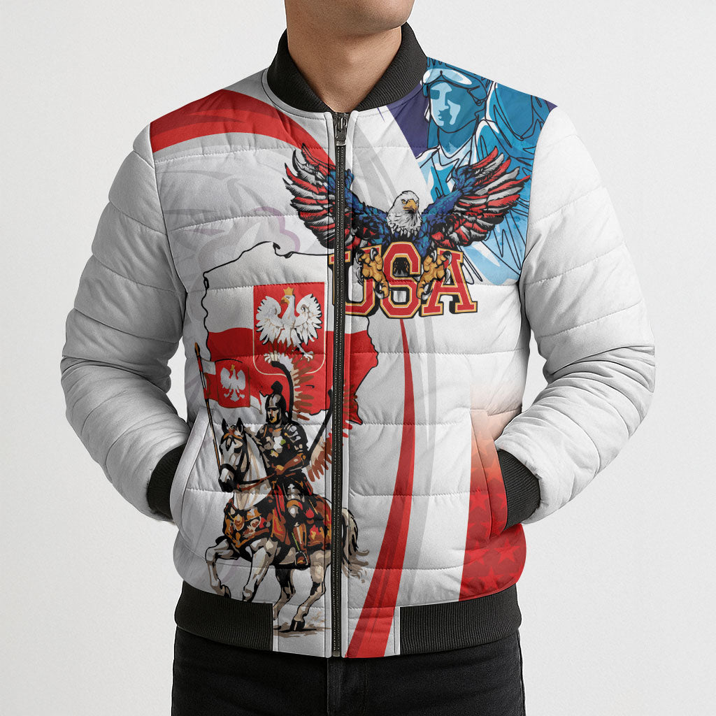 Polish American Heritage Month Bomber Puffer Jacket Winged Hussar with USA Bald Eagle