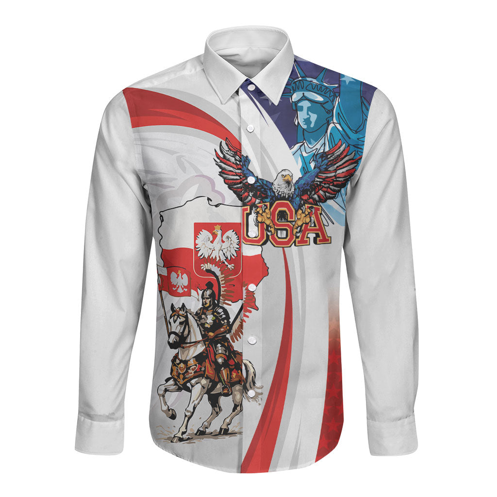 Polish American Heritage Month Long Sleeve Button Shirt Winged Hussar with USA Bald Eagle