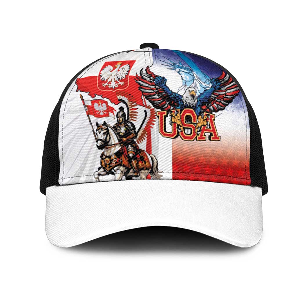 Polish American Heritage Month Mesh Trucker Cap Winged Hussar with USA Bald Eagle