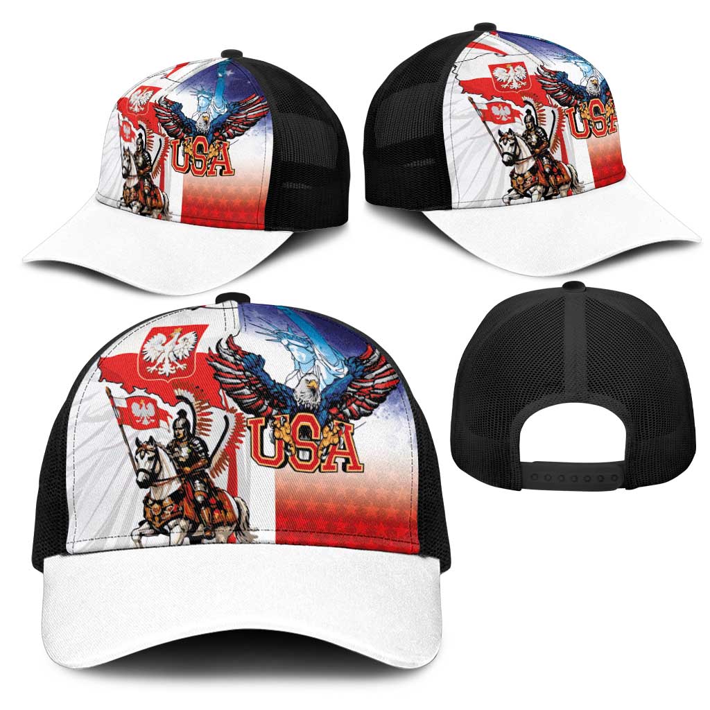 Polish American Heritage Month Mesh Trucker Cap Winged Hussar with USA Bald Eagle