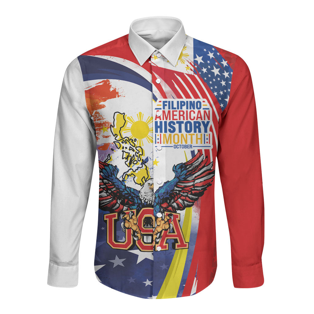 Filipino American History Month Long Sleeve Button Shirt USA with Elements of Philippines Design