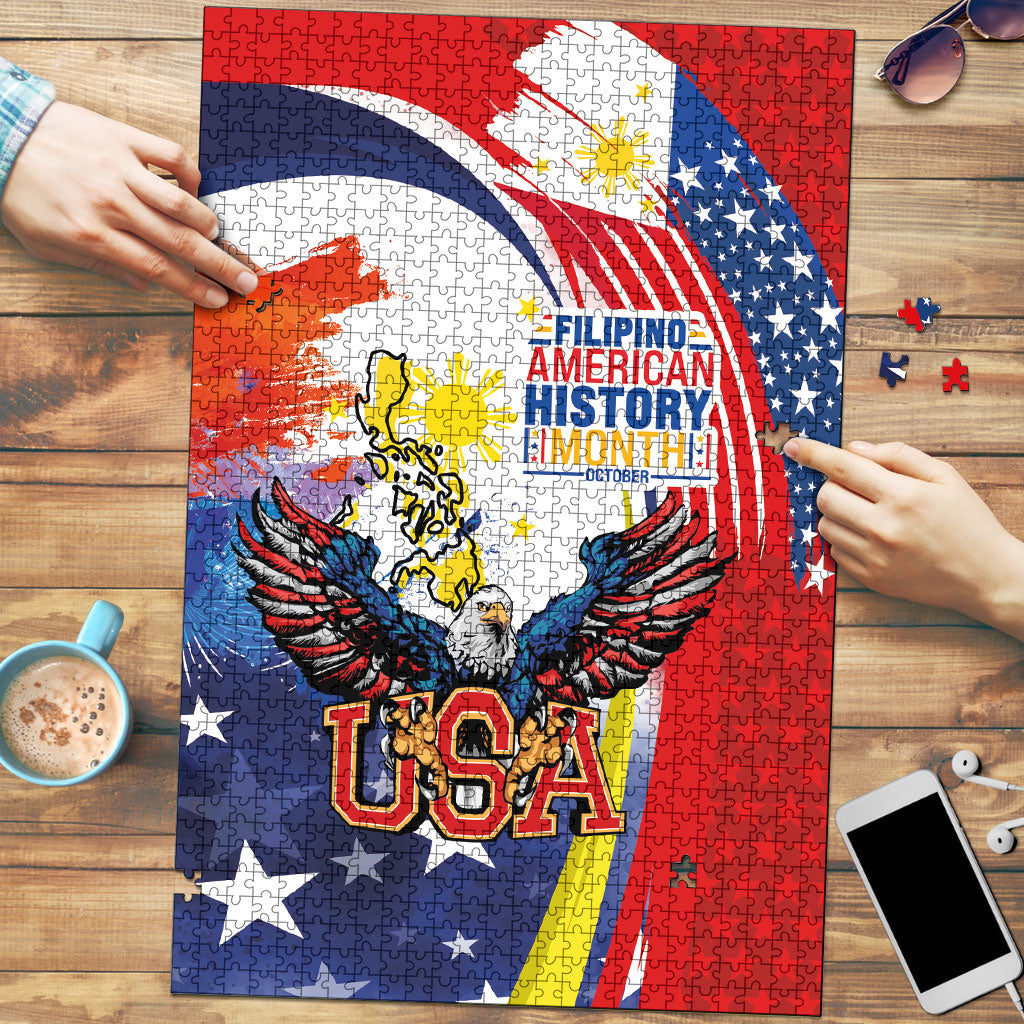 Filipino American History Month Puzzle USA with Elements of Philippines Design