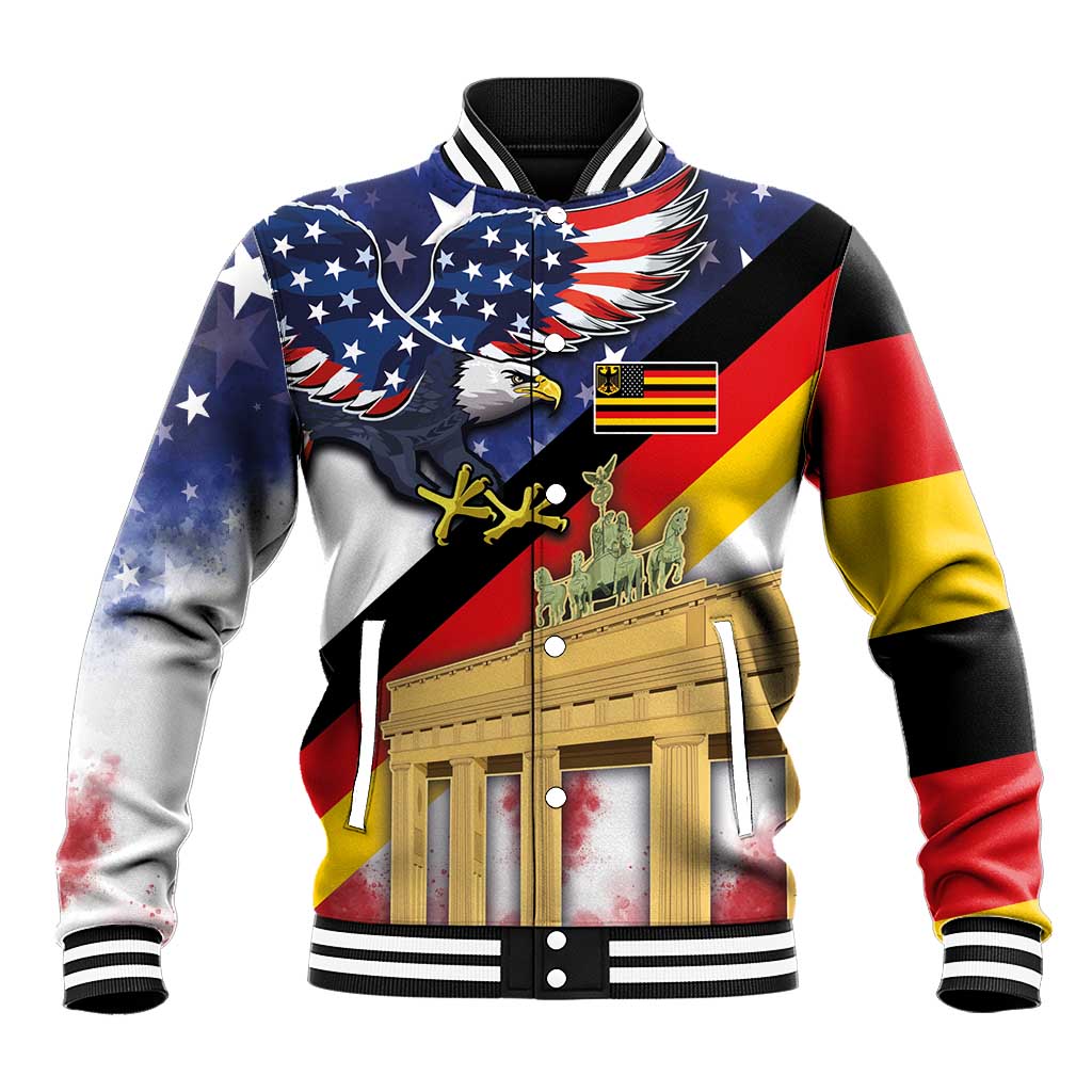 German American Heritage Month Baseball Jacket United States Eagle and Brandenburg Gate with National Flag - Wonder Print Shop