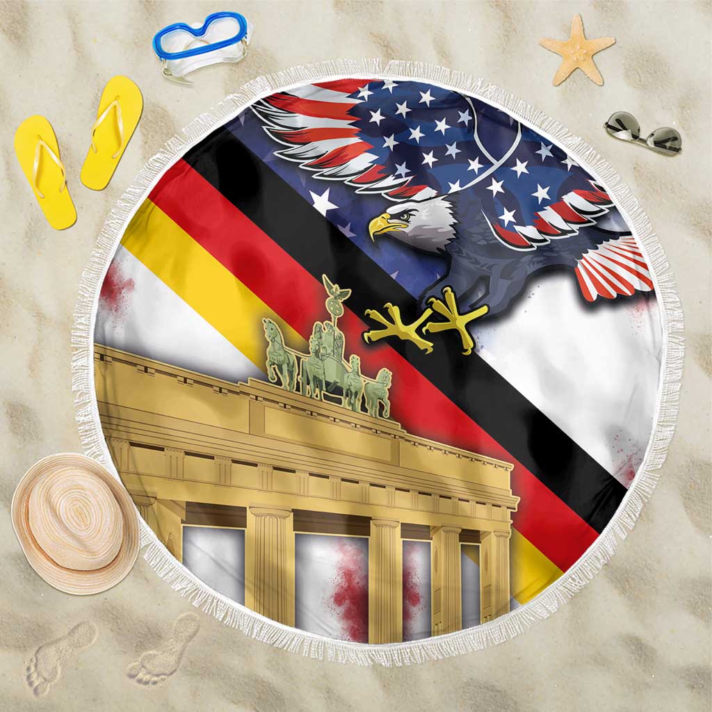 Fringed round beach blanket with eagle and flag over Brandenburg Gate print