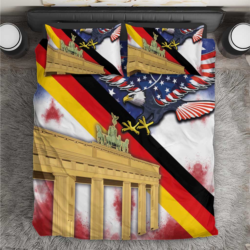 Eagle and Brandenburg Gate bedding set featuring U.S. stars and black-red-gold diagonal stripes