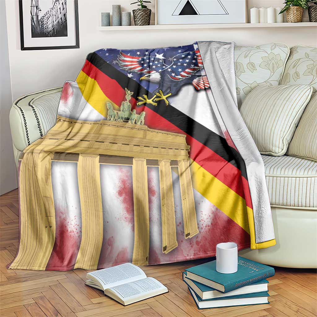Brandenburg Gate eagle flag blanket, multicolor print with sofa and books nearby