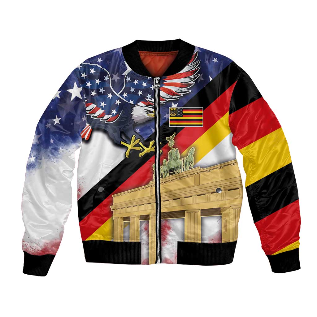 German American Heritage Month Bomber Jacket United States Eagle and Brandenburg Gate with National Flag - Wonder Print Shop