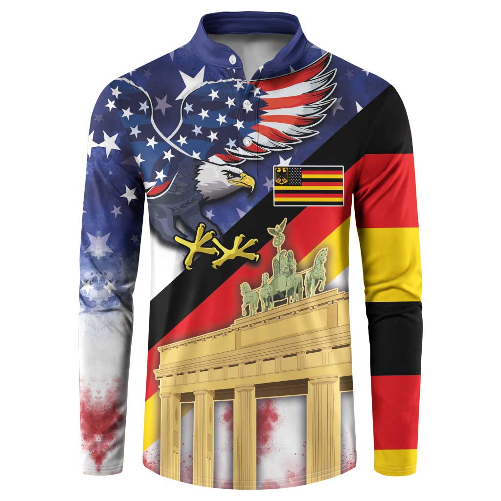 Button sweatshirt with blue, red, and white eagle graphic and flag stripes front
