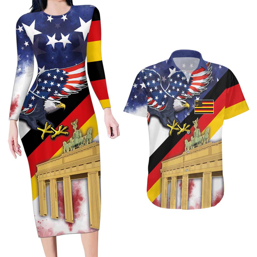 German American Heritage Month Couples Matching Long Sleeve Bodycon Dress and Hawaiian Shirt United States Eagle and Brandenburg Gate with National Flag - Wonder Print Shop