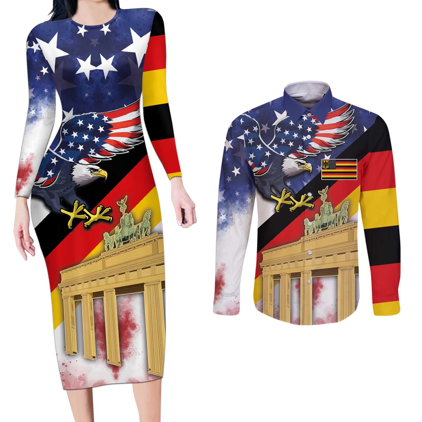 German American Heritage Month Couples Matching Long Sleeve Bodycon Dress and Long Sleeve Button Shirt United States Eagle and Brandenburg Gate with National Flag - Wonder Print Shop