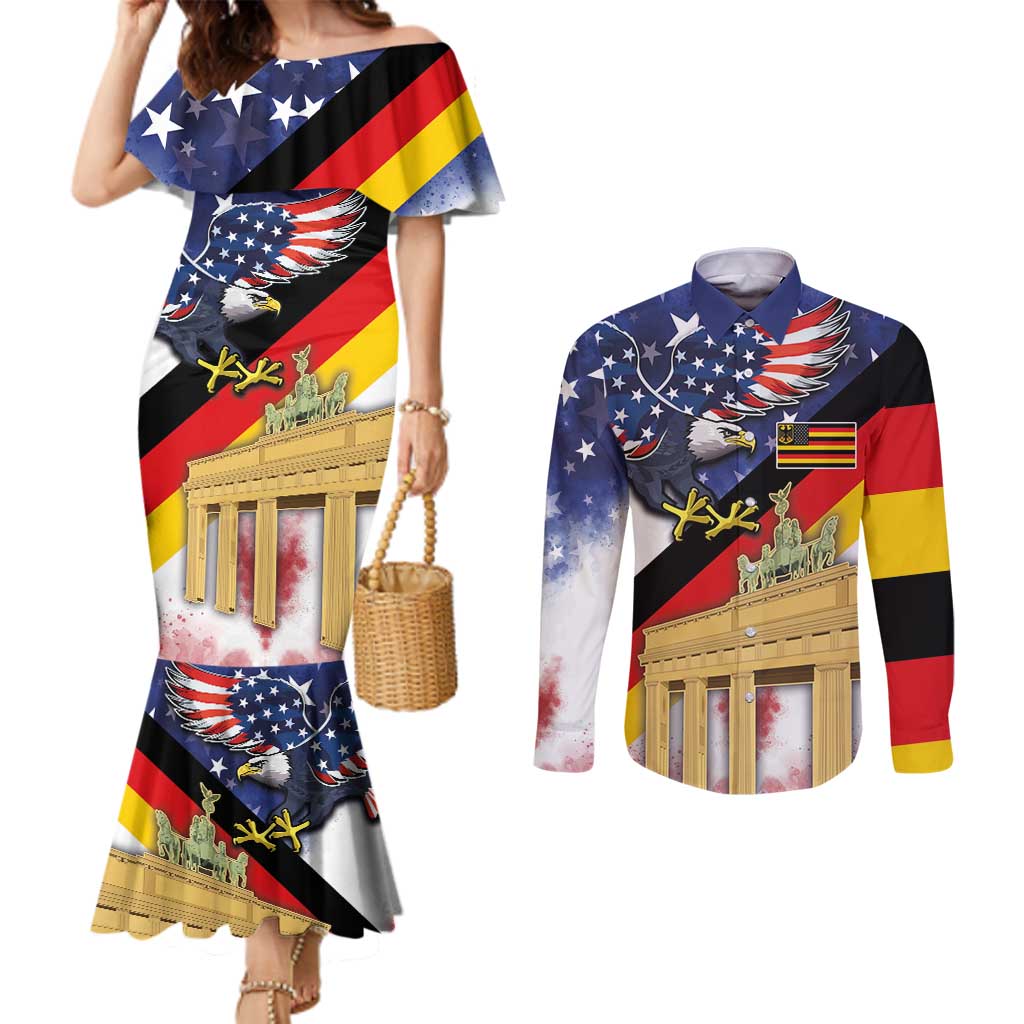 German American Heritage Month Couples Matching Mermaid Dress and Long Sleeve Button Shirt United States Eagle and Brandenburg Gate with National Flag