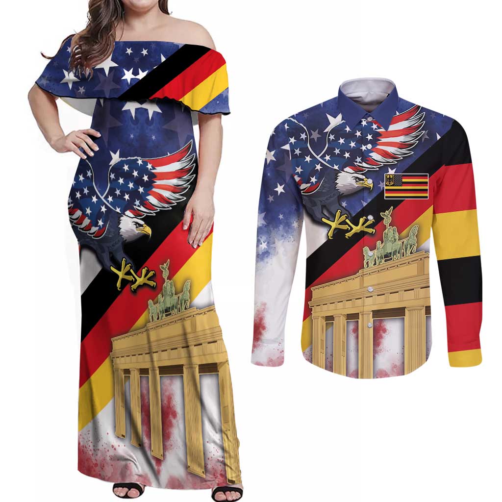 German American Heritage Month Couples Matching Off Shoulder Maxi Dress and Long Sleeve Button Shirt United States Eagle and Brandenburg Gate with National Flag - Wonder Print Shop