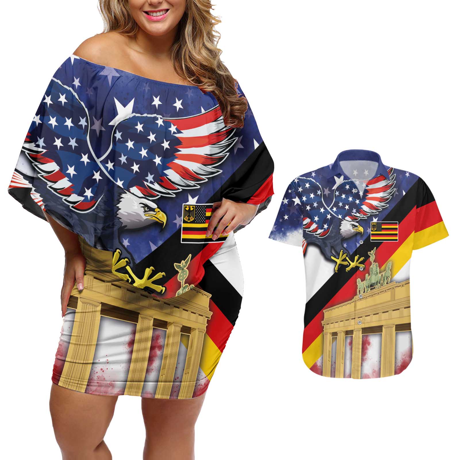 German American Heritage Month Couples Matching Off Shoulder Short Dress and Hawaiian Shirt United States Eagle and Brandenburg Gate with National Flag - Wonder Print Shop