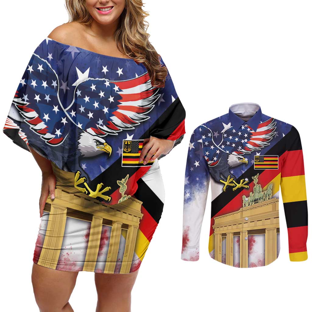 German American Heritage Month Couples Matching Off Shoulder Short Dress and Long Sleeve Button Shirt United States Eagle and Brandenburg Gate with National Flag - Wonder Print Shop