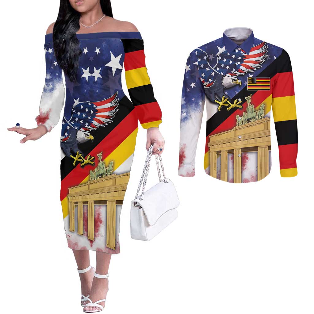 German American Heritage Month Couples Matching Off The Shoulder Long Sleeve Dress and Long Sleeve Button Shirt United States Eagle and Brandenburg Gate with National Flag