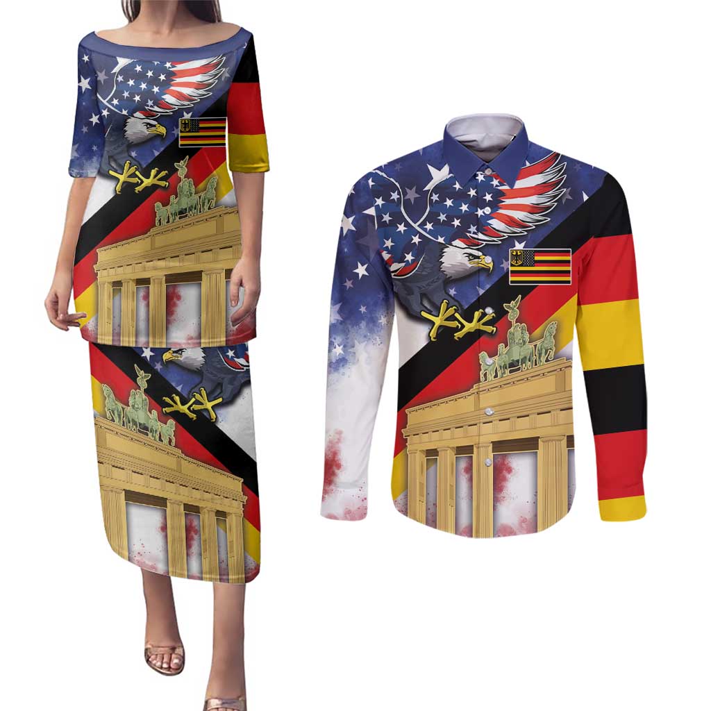 German American Heritage Month Couples Matching Puletasi and Long Sleeve Button Shirt United States Eagle and Brandenburg Gate with National Flag - Wonder Print Shop