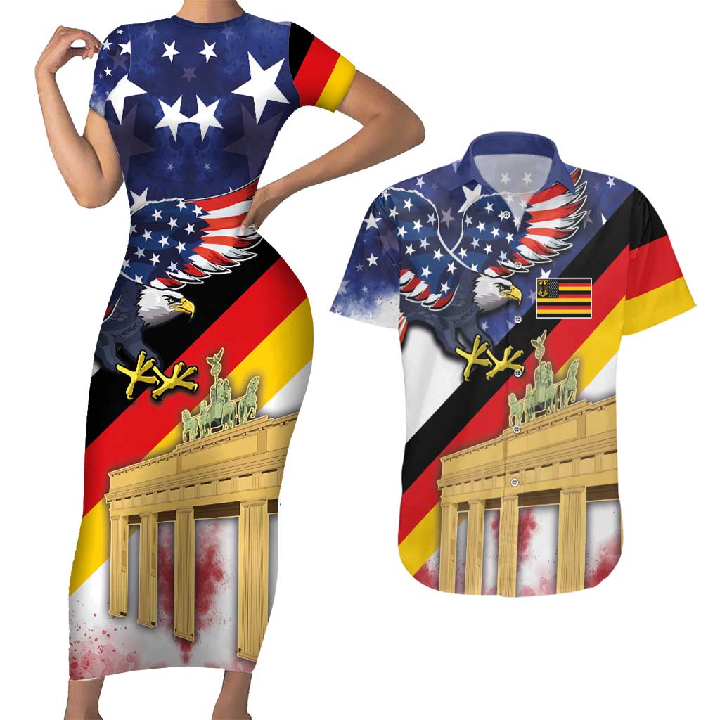 German American Heritage Month Couples Matching Short Sleeve Bodycon Dress and Hawaiian Shirt United States Eagle and Brandenburg Gate with National Flag - Wonder Print Shop