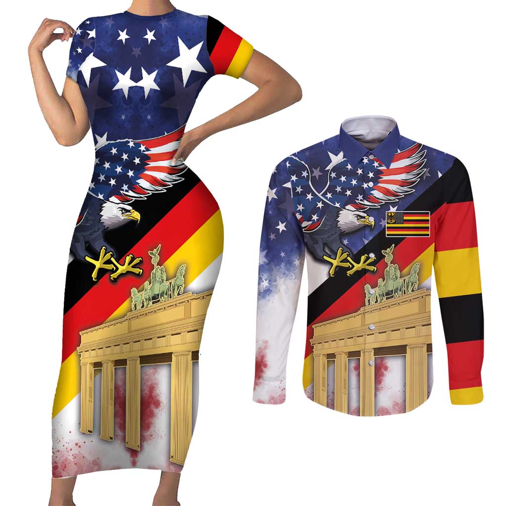 German American Heritage Month Couples Matching Short Sleeve Bodycon Dress and Long Sleeve Button Shirt United States Eagle and Brandenburg Gate with National Flag - Wonder Print Shop