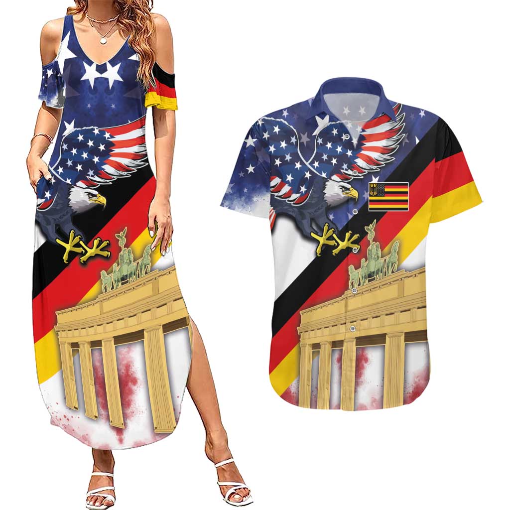 German American Heritage Month Couples Matching Summer Maxi Dress and Hawaiian Shirt United States Eagle and Brandenburg Gate with National Flag - Wonder Print Shop