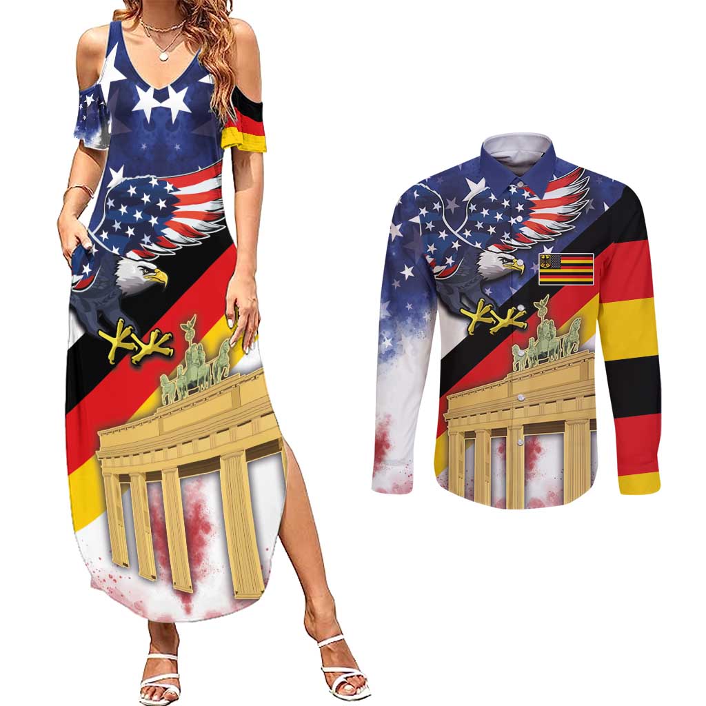 German American Heritage Month Couples Matching Summer Maxi Dress and Long Sleeve Button Shirt United States Eagle and Brandenburg Gate with National Flag - Wonder Print Shop