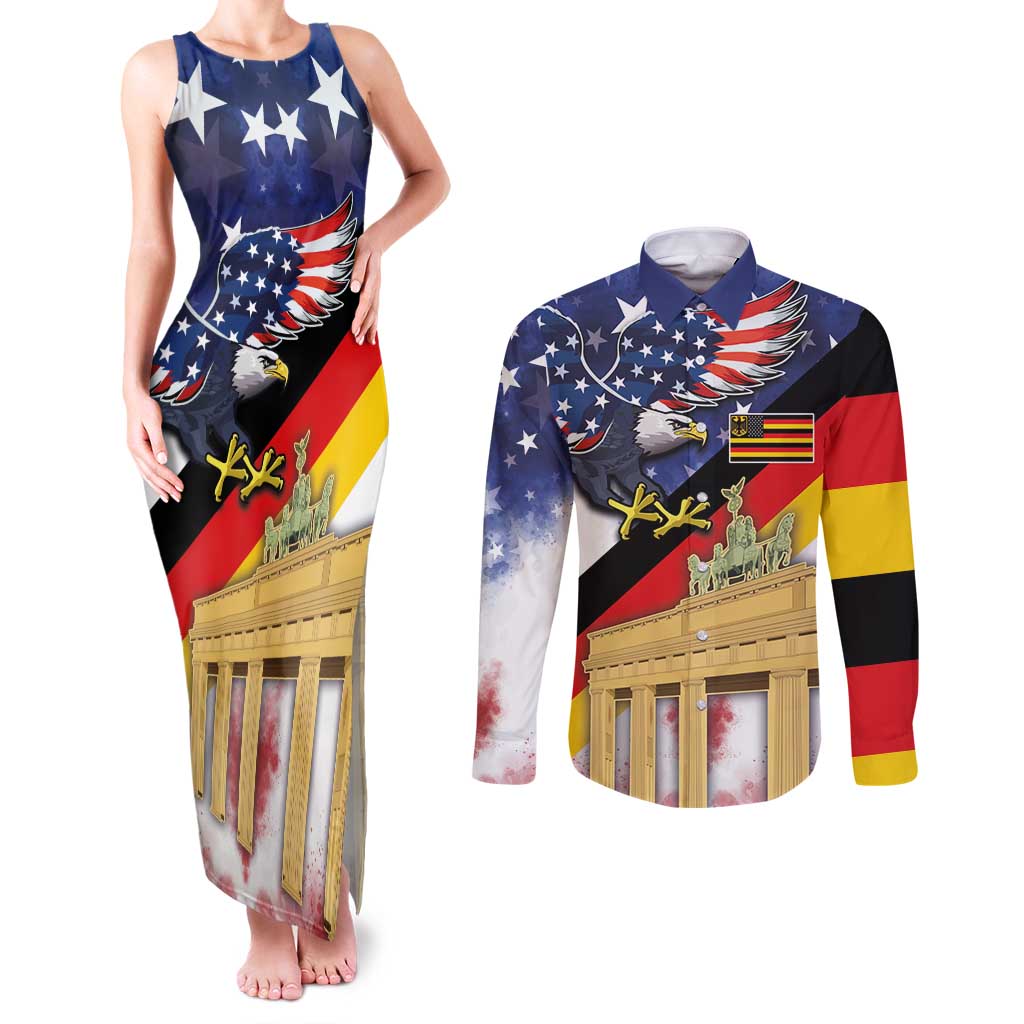 German American Heritage Month Couples Matching Tank Maxi Dress and Long Sleeve Button Shirt United States Eagle and Brandenburg Gate with National Flag - Wonder Print Shop