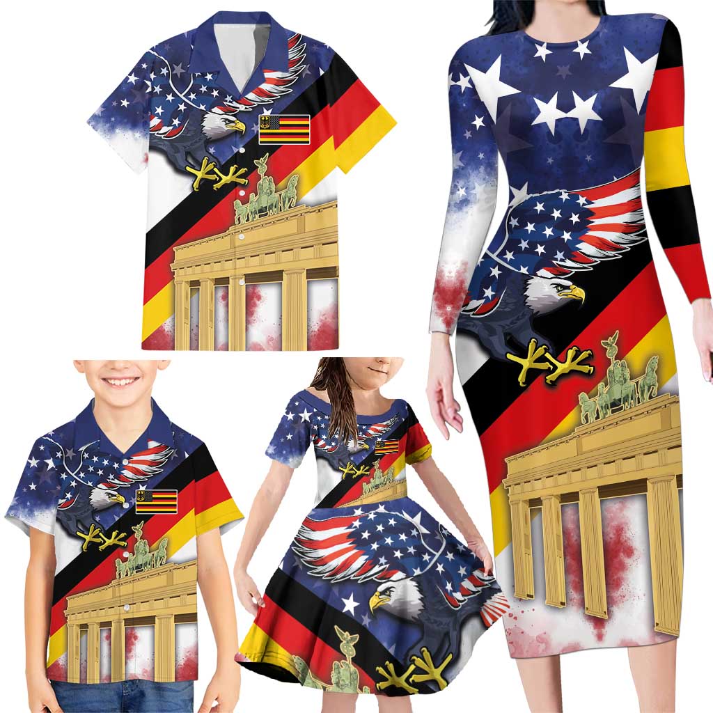 German American Heritage Month Family Matching Long Sleeve Bodycon Dress and Hawaiian Shirt United States Eagle and Brandenburg Gate with National Flag - Wonder Print Shop