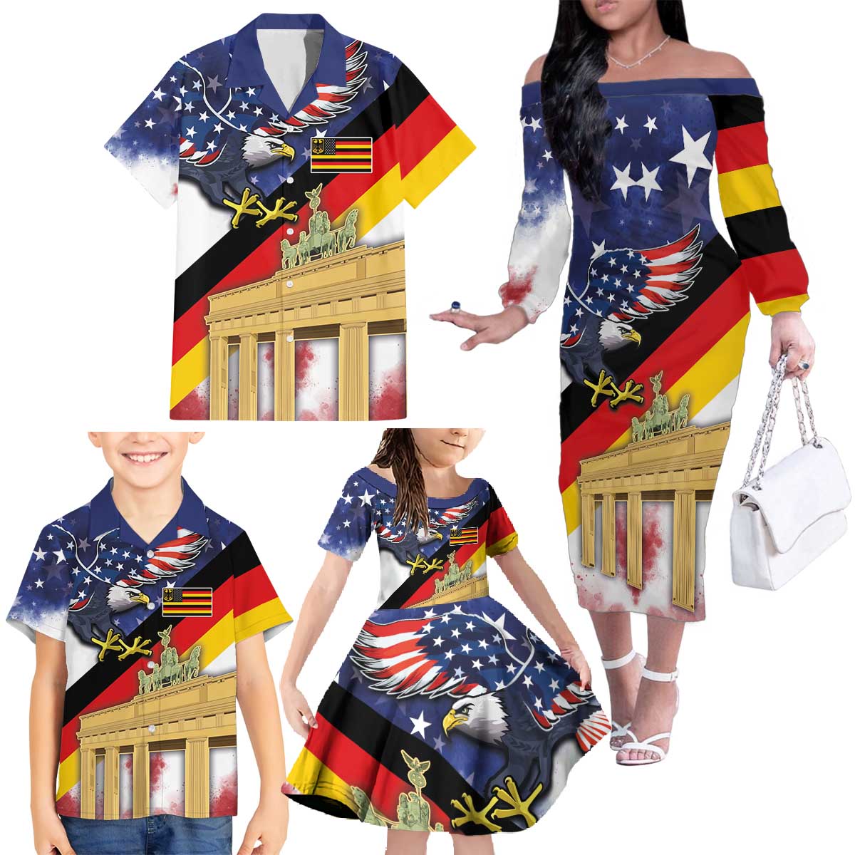 German American Heritage Month Family Matching Off The Shoulder Long Sleeve Dress and Hawaiian Shirt United States Eagle and Brandenburg Gate with National Flag - Wonder Print Shop